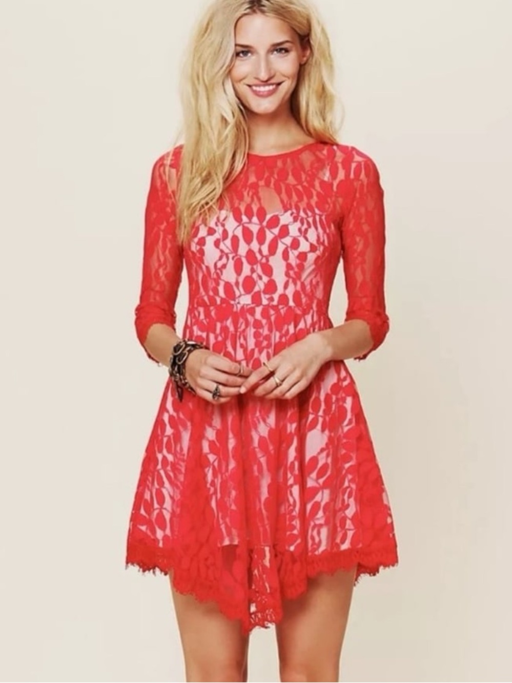 Free People Red Floral Mesh Lace Mini Dress Size 2 Romantic Party